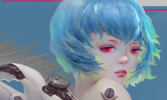 Обои на рабочий стол Rei Ayanami с голубыми волосами и красными глазами из аниме Evangelion / Евангелион, by ZHAO HUANHUA