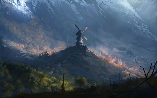 Обои на рабочий стол Заброшенная мельница в горах, art by Denis Loebner