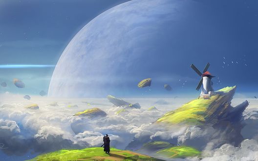 Обои на рабочий стол Странник смотрит на мельницу на фоне огромной луны, by Denis Loebner