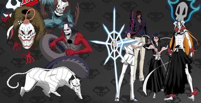 Обои на рабочий стол Ичиго Куросаки / Ichigo Kurosaki, Рукия Кучики / Rukia Kuchiki, Урю Ишида / Ishida Uryu и Ясутора Садо / Sado Yasutora, рядом аранкары из аниме Блич / Bleach