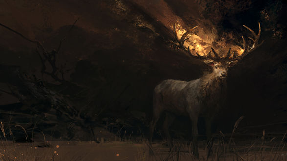 Обои на рабочий стол Олень с горящими рогами, by su jian