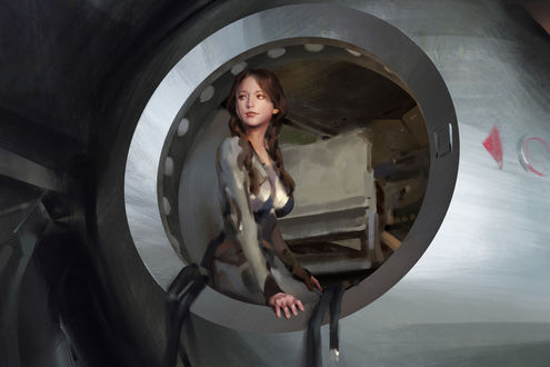 Обои на рабочий стол Mechanic girl / девушка-механик сидит при входе в летательный аппарат, by Wangjie Li