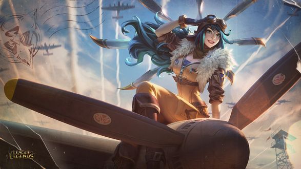 Обои на рабочий стол Длинноволосая девушка Irelia в костюме пилота сидит на носу самолета, персонаж из игры Лига Легенд / League of Legends