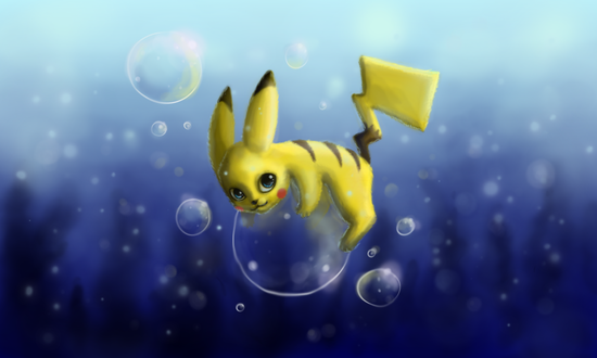 Обои на рабочий стол Pikachu / Пикачу из аниме Pokemon / Покемон на пузыре под водой, by xtwistedxamayax