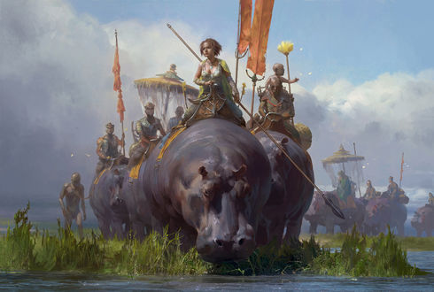 Обои на рабочий стол Королева и ее придворные едут верхом на бегемотах, by Tianhua Xu