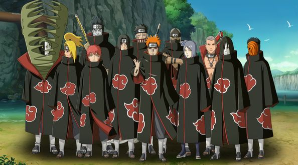 Обои на рабочий стол Uchiha Itachi / Учиха Итачи, Deidara, Sasori, Zetsu, Konan, Kisame, Hidan, Hozuki, Yahiko, Tobi, Kokuzu и др. члены организации Akatsuki из аниме Наруто / Naruto, by Masashi Kishimoto