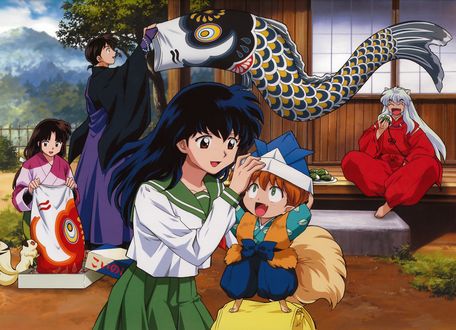 Обои на рабочий стол Kagome Higurashi, Shippu, Miroku, Sengo и демон Inuyasha сидящий на веранде из аниме Инуяша / InuYasha, by Rumiko Takahashi