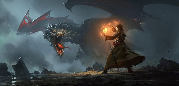 Обои на рабочий стол Битва девушки-мага с драконом, by Greg Rutkowski