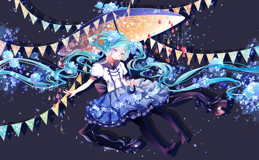 Обои на рабочий стол Vocaloid Hatsune Miku / вокалоид Хатсуне Мику под зонтом среди флажков, капелек и незабудок на сером фоне, by Shuuumatsu
