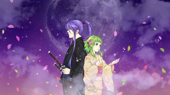 Обои на рабочий стол Vocaloids / вокалоиды Kamui Gakupo / Камуи Гакупо и Gumi Megpoid стоят спина к спине на фоне неба