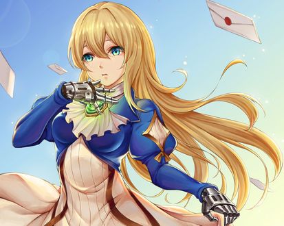 Обои на рабочий стол Violet Evergarden / Вайолет Эвергардэн на фоне неба с разлетающимися письмами из аниме Violet Evergarden