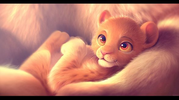 Обои на рабочий стол Маленький король - львенок лежит у своей мамы, by Imalou