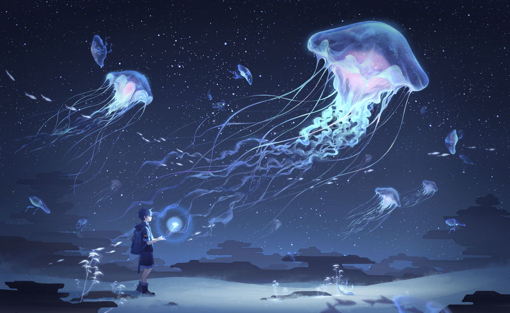 Обои для рабочего стола Мальчик стоит на фоне ночного неба, в котором парят медузы и рыбы