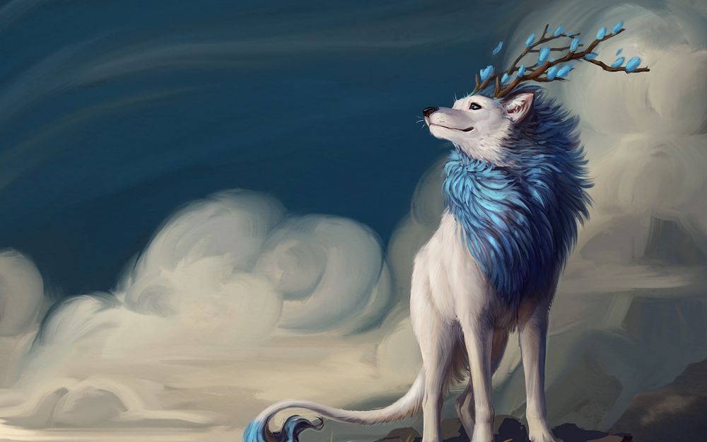 Обои для рабочего стола Белый волк с рогами и гривой, art by AlsaresLynx