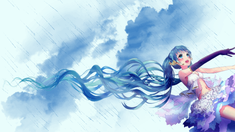 Обои для рабочего стола Девушка с длинными голубыми волосами в платье стоит под дождем, by sanoboss