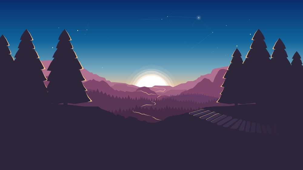 Обои для рабочего стола Обегающая вдаль дорога на фоне заходящего солнца среди фиолетовых елей и гор