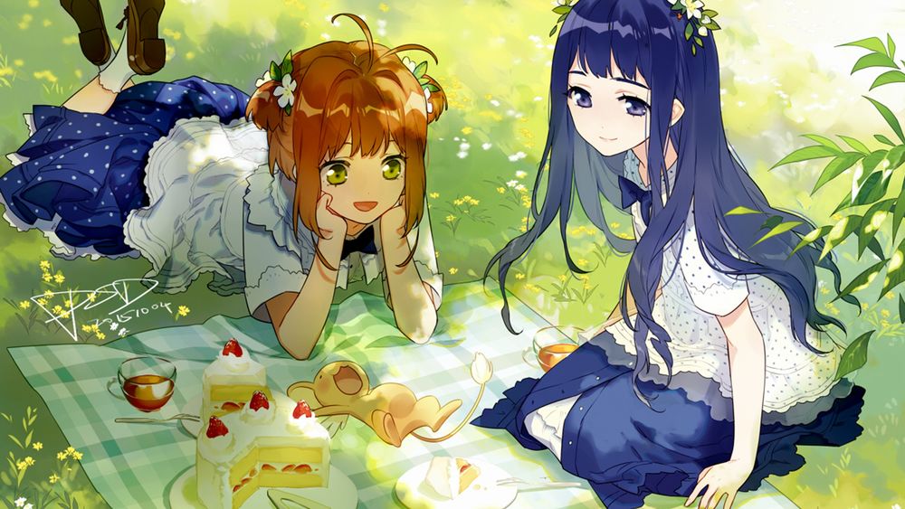 Обои для рабочего стола Сакура Киномото / Sakura Kinomoto, Tomoyo Daidouji и зверек Keroderos на пикнике из аниме Сакура собирательница карт / Cardcaptor Sakura