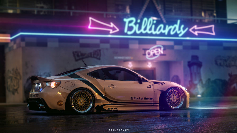 Обои для рабочего стола Спортивный Subaru BRZ на улице ночного города, из игры Need For Speed, by JREEL