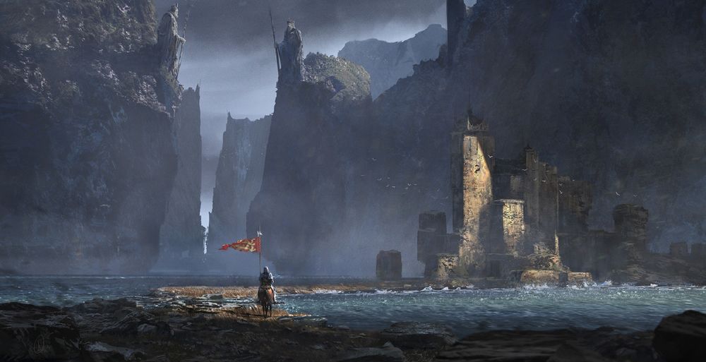 Обои для рабочего стола Рыцарь на коне стоит на The Ancient Kings path / пути Древних Королей, недалеко от замка среди реки, by Alejandro Olmedo