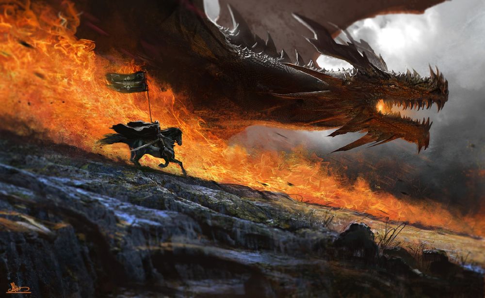 Обои для рабочего стола Рыцарь на коне скачет рядом с огнедышащим драконом, by Alejandro Olmedo