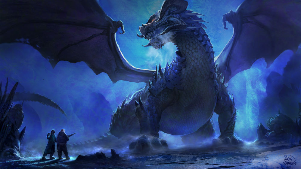 Обои для рабочего стола Дракон смотрит на двух мужчин, by Alejandro Olmedo