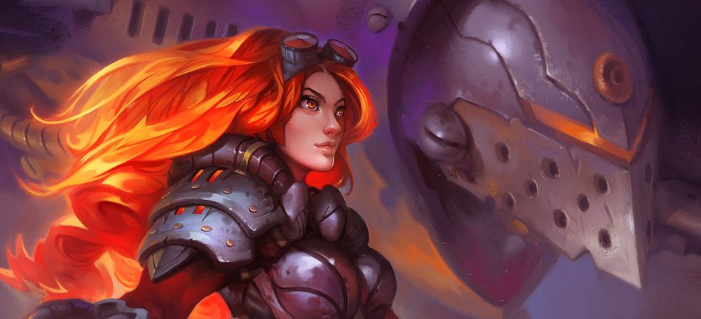 Обои для рабочего стола Девушка-солдат Chandra / Чандра с роботом из игры Iron Kingdoms / Железные Королевства, by Dave Greco