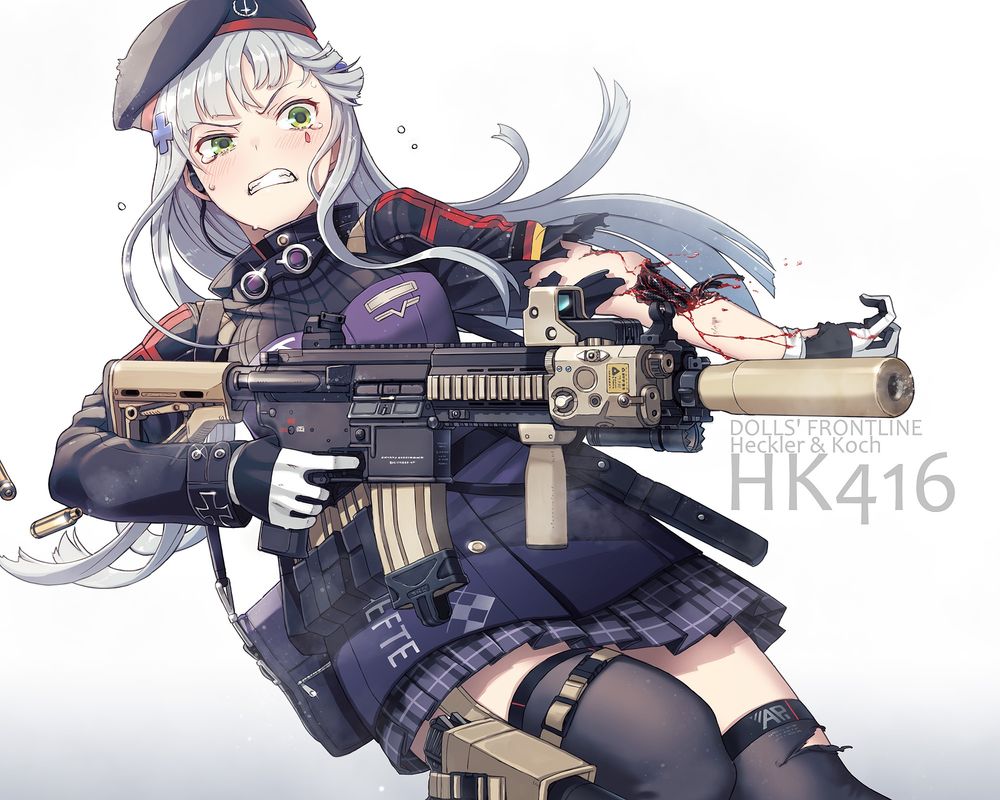 Обои на рабочий стол Раненная HK 416 стреляет из автомата из игры Girls  Frontline, обои для рабочего стола, скачать обои, обои бесплатно