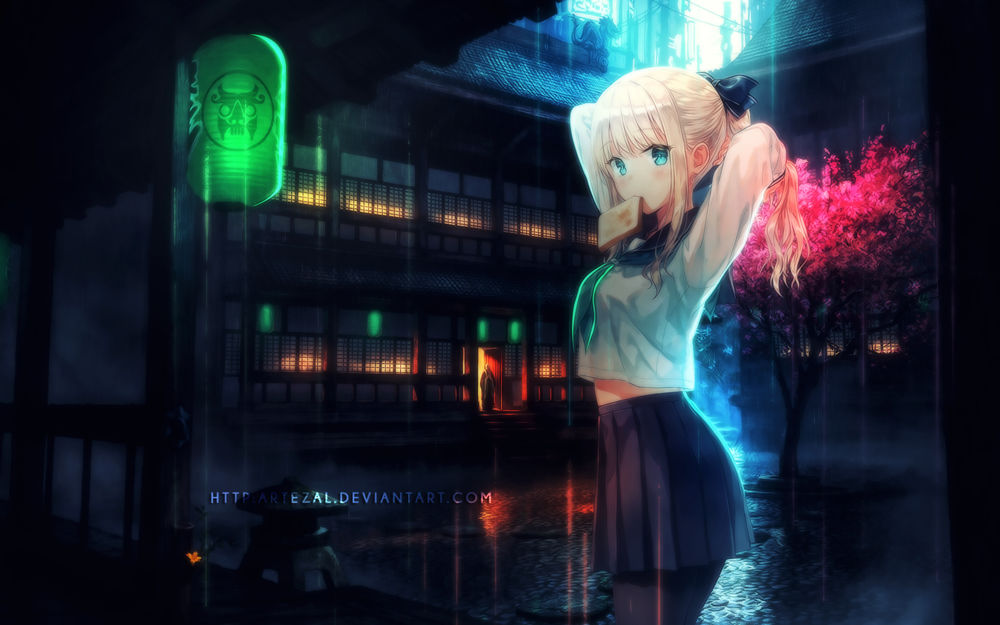 Обои для рабочего стола Светловолосая девушка стоит на фоне дождя, дома и сакуры, by Artezal