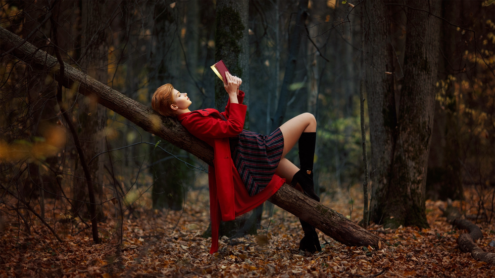 Обои для рабочего стола Девушка Anastasia Zhilina читает книгу в лесу
