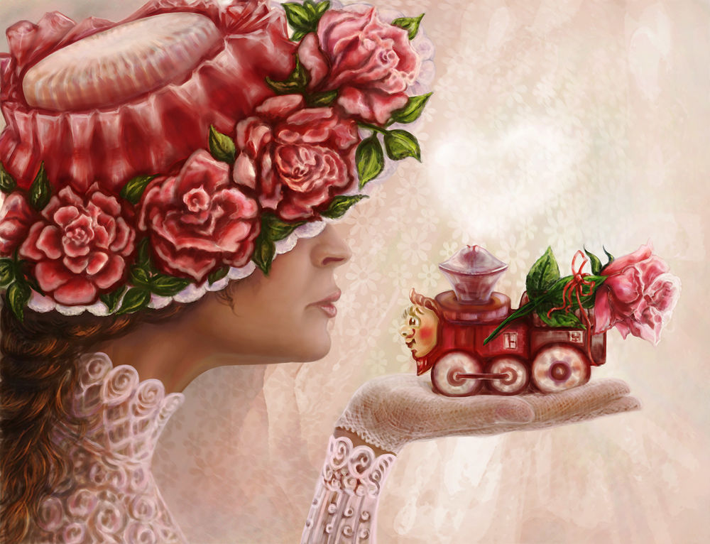 Обои для рабочего стола Девушка в шляпе с розами на полях держит на ладони руки игрушечный паровоз с розой на крыше, работа Such Love / Такая любовь, by Vilenchik