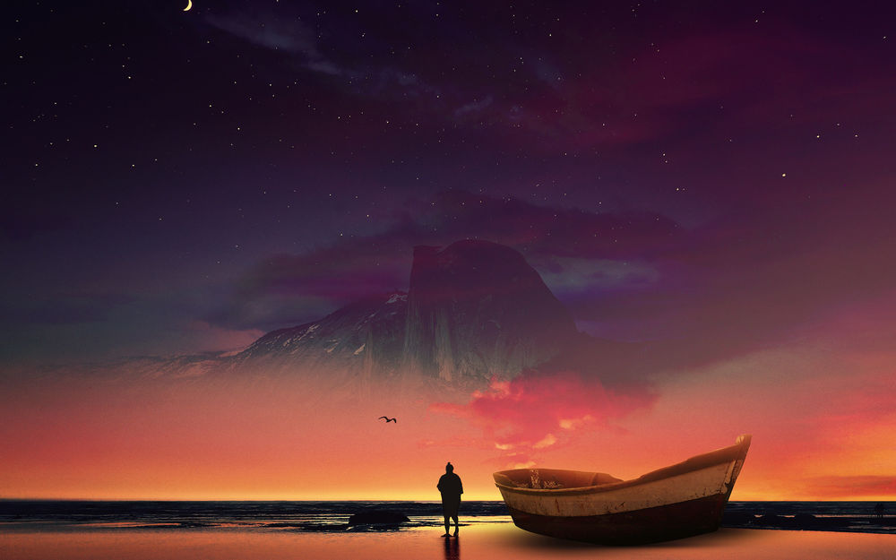 Обои для рабочего стола Мужчина стоит рядом с лодкой и смотрит на гору в небе, art by Cala Bassa