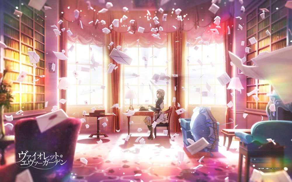 Обои для рабочего стола Violet Evergarden / Вайолет Эвергардэн сидит за столом в светлом просторном кабинете в вихре писем из аниме Violet Evergarden