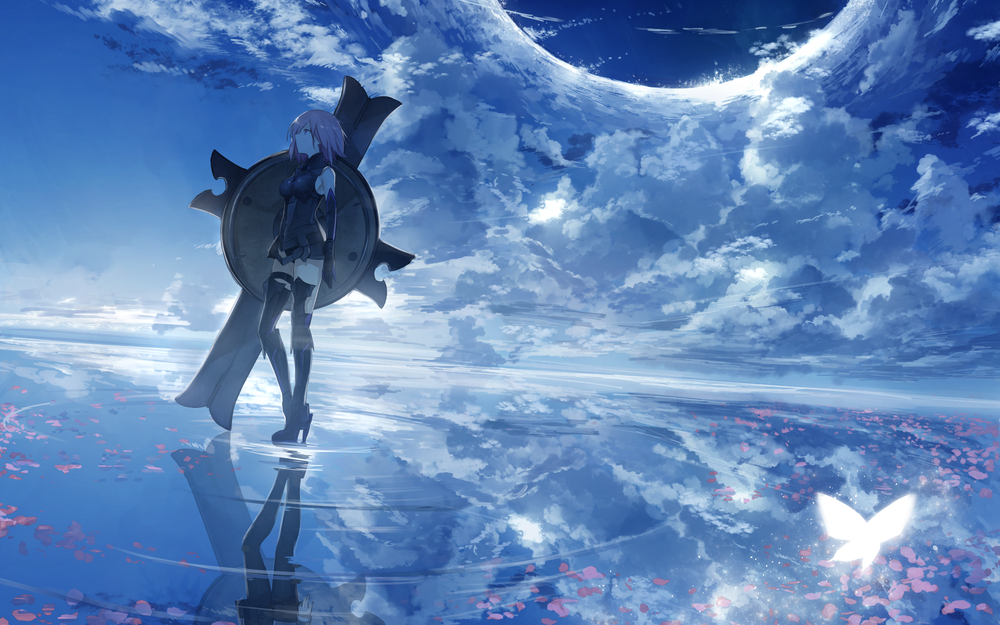 Обои для рабочего стола Mash Kyrielight / Мэш Кириелайт / Matthew / Мэтью / Mashu / Машу из аниме и онлайн-RPG игры Fate / Grand Order, стоит с щитом в воде, отражающей небо