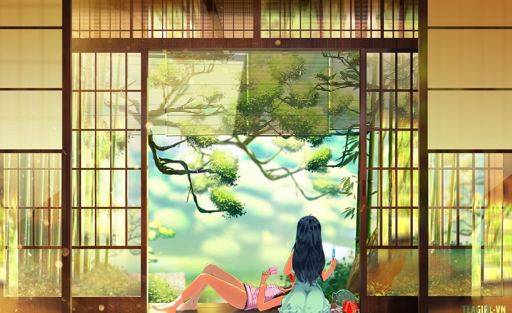 Обои для рабочего стола Две девушки отдыхают на веранде японского дома, любуясь летним пейзажем