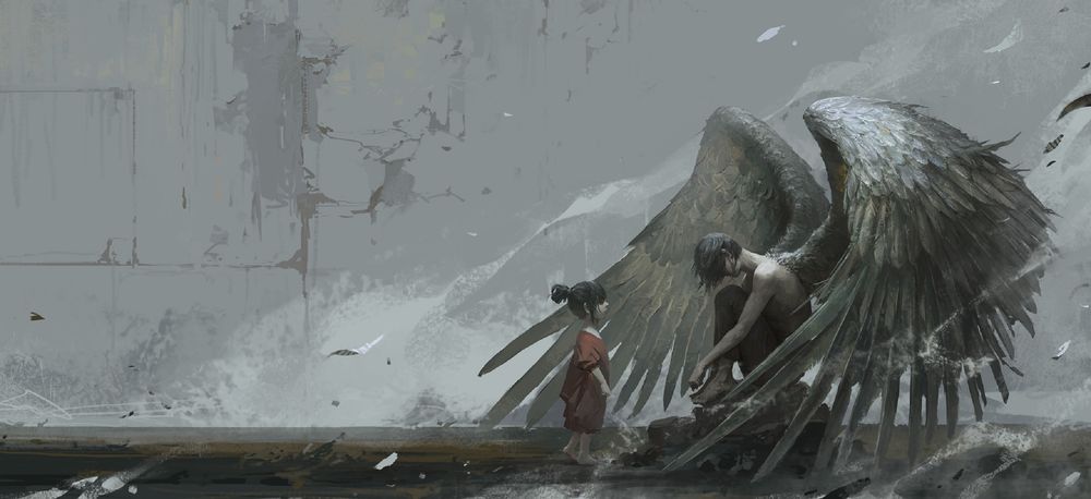 Обои для рабочего стола Девочка стоит рядом с падшим ангелом, by su jian