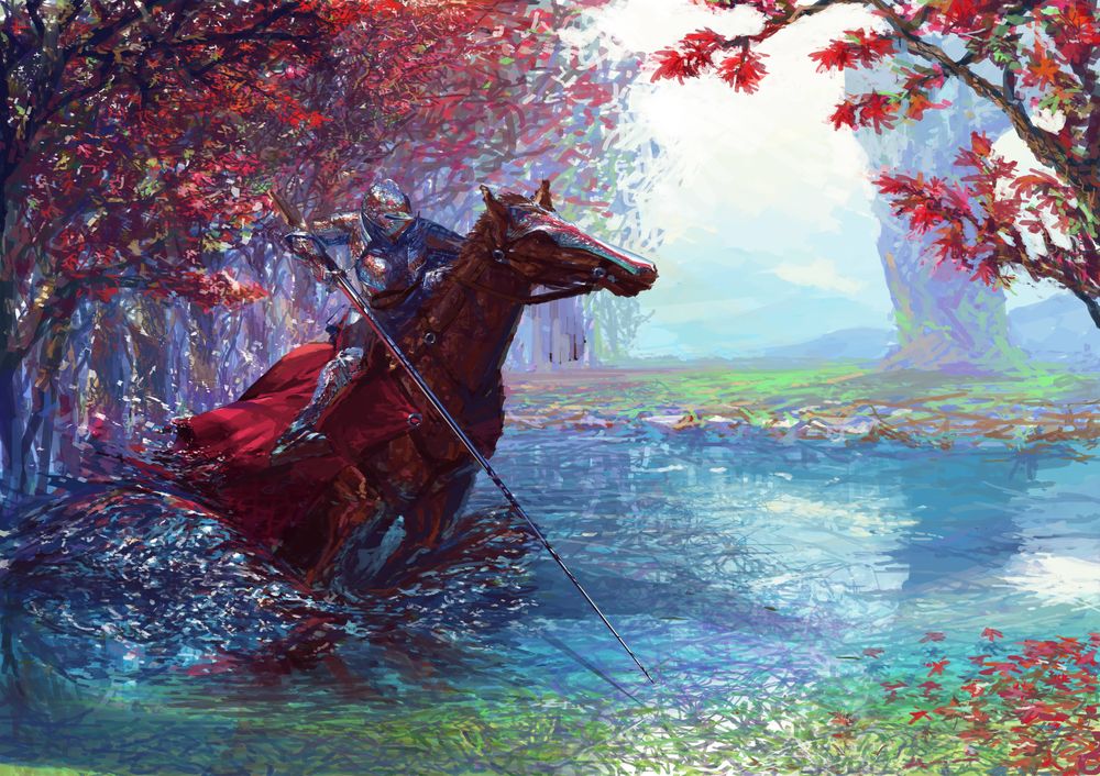 Обои для рабочего стола Рыцарь на коне с пикой переезжает ручей в осеннем лесу