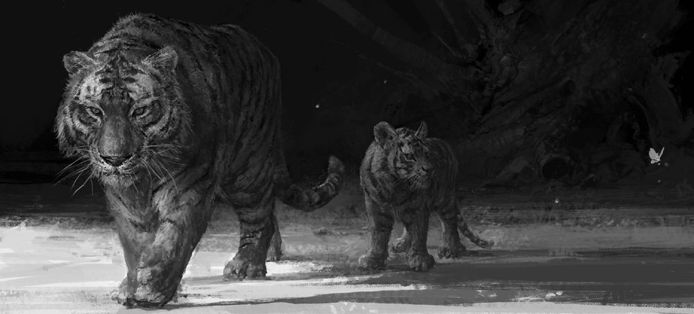 Обои для рабочего стола Тигрица и тигренок, смотрящий на бабочку, by su jian