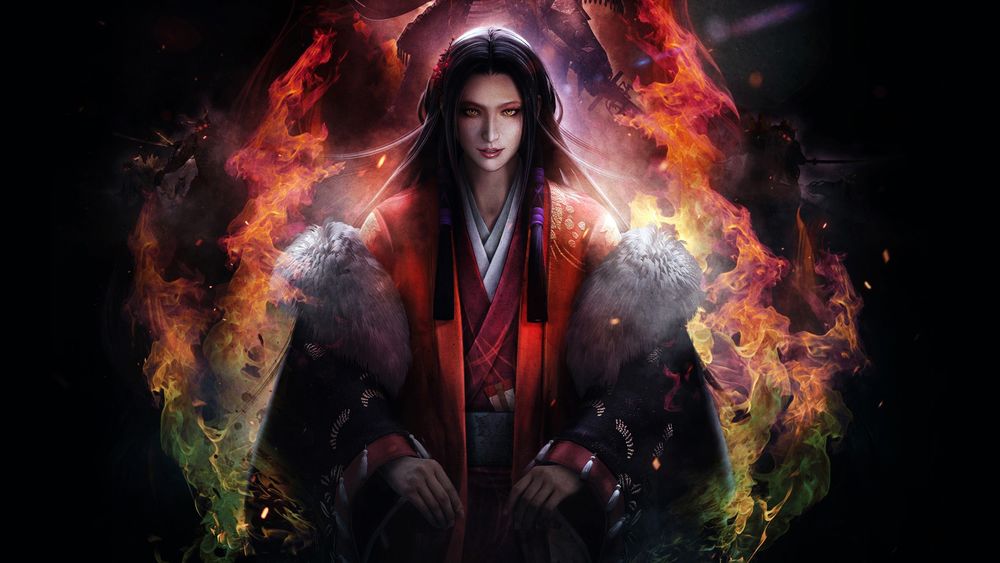 Обои для рабочего стола Персонаж компьютерной игры Nioh, Bloodsheds End, 2017 в японской одежде на фоне пламени