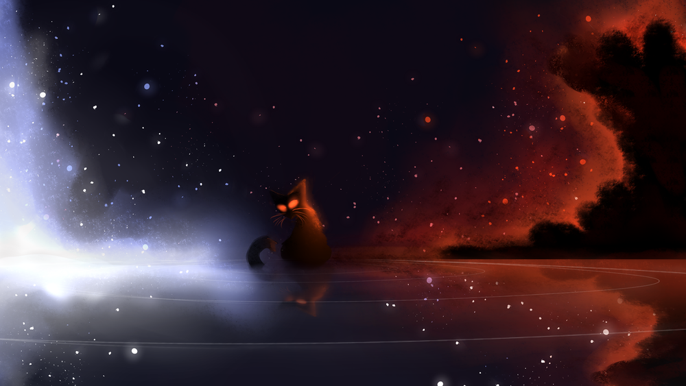 Обои для рабочего стола Черный кот с алыми глазами сидит на поверхности воды под ночным звездным небом, by Eagleshout