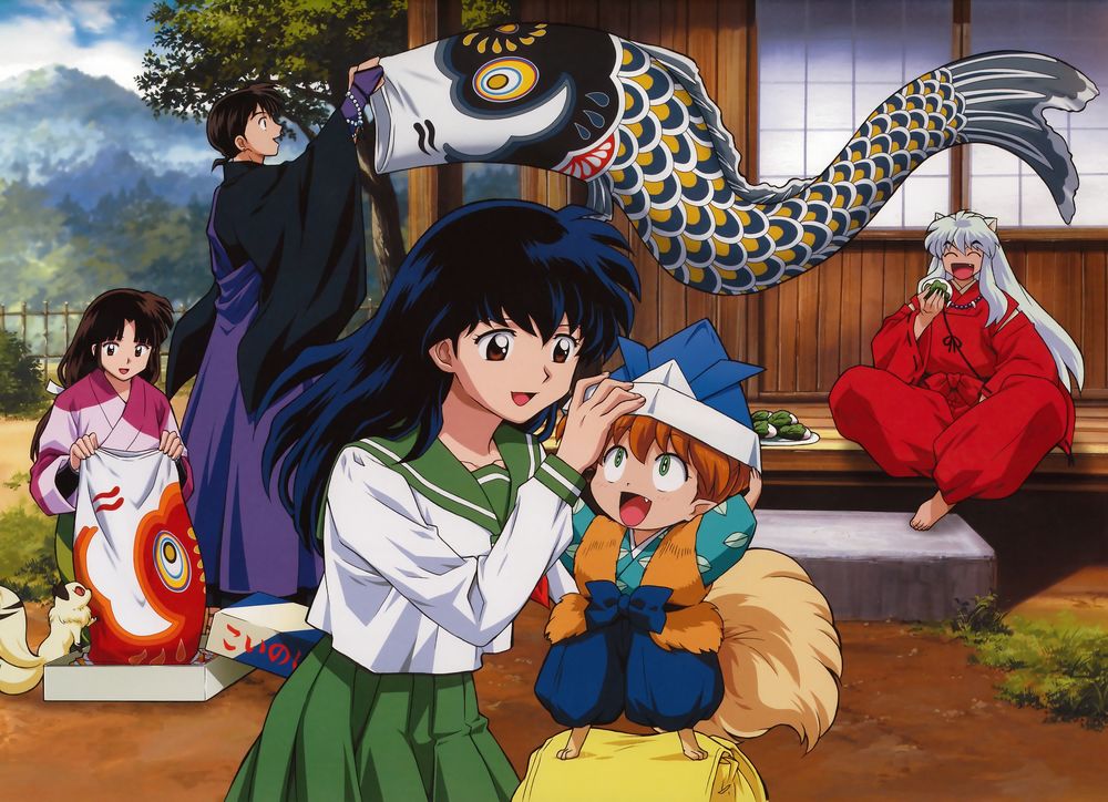 Обои для рабочего стола Kagome Higurashi, Shippu, Miroku, Sengo и демон Inuyasha сидящий на веранде из аниме Инуяша / InuYasha, by Rumiko Takahashi