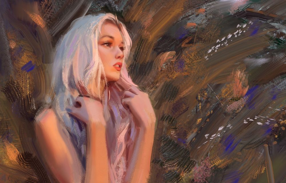 Обои для рабочего стола Белокурая девушка держит руки у лица, by Hou China