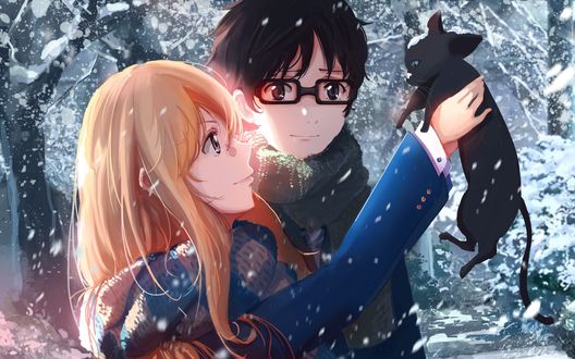 Обои на рабочий стол Косэй Арима / Kousei Arima и Каори Миязоно / Kaori Miyazono, держащая на руках черного котенка, под снегопадом, из аниме Твоя апрельская ложь / Shigatsu wa Kimi no Uso