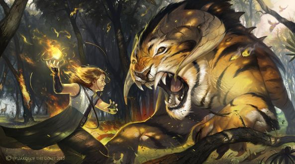 Обои на рабочий стол Повелительница огня Chandra / Чандра и мифический тигр с рогами, арт к игре Magic: The Gathering, by Victor Adame