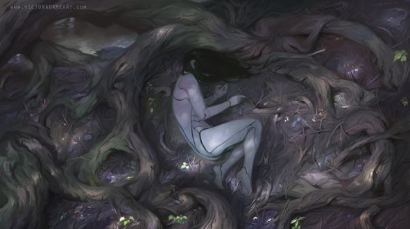 Обои на рабочий стол Девушка-киборг Ningala лежит среди корней дерева, by Victor Adame