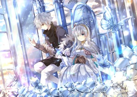 Обои на рабочий стол Anastasia / Анастасия сидит на троне, рядом с ней Kadoc Zemlupus / Кадок Землупус, вокруг них бабочки, снежинки и ледяные цветы, персонажи из аниме и игры Fate / Grand Order / Судьба / Великий Порядок, art by Iroha (Shiki)