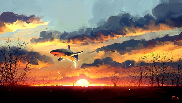 Обои на рабочий стол Синий кит в небе на фоне заката, by Dominik Mayer