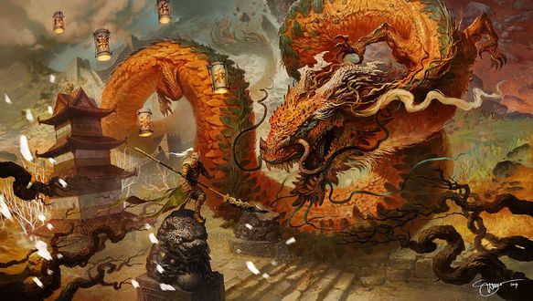 Обои на рабочий стол Битва воина с драконом из игры Magic The Gathering, by Svetlin Velinov