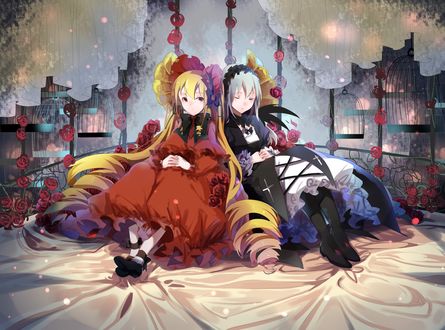 Обои на рабочий стол Куклы Суйгинто / Suigintou и Shinku сидят рядышком в клетке из аниме Девы Розена / Rozen Maiden, by Peach-pit