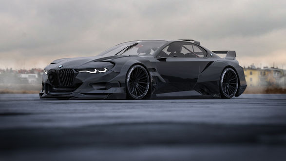 Обои на рабочий стол Черный тюнингованный BMW 3. 0 CSL Hommage на площадке, за городом, by Rostislav Prokop