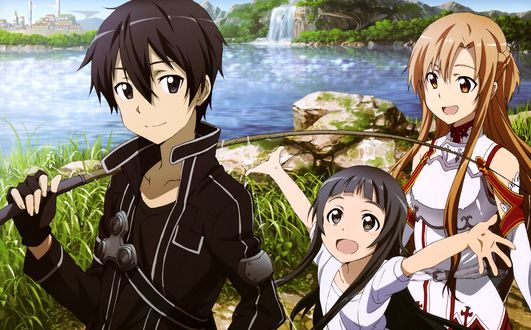 Обои на рабочий стол Kirigaya Kirito, Asuna Yuki и Yui у реки с водопадом из аниме Sword Art Online / Мастера Мечей онлайн, by Abec
